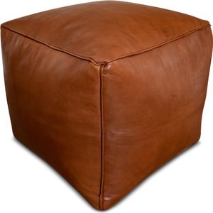 Leren poef - Caramel - Vierkante poef - Handgemaakt en uniek - 40x40x35 - Gevuld geleverd - Poufs&Pillows