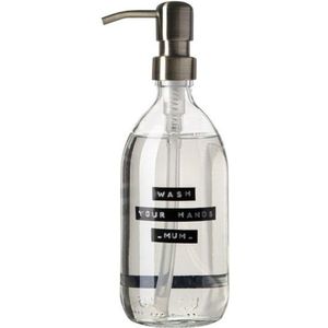 Wellmark Handzeep helder glas messing pomp 500ml tekst WASH YOUR HANDS..MUM Zwart label 8719325913095