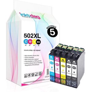 Inktdag inktcartridges voor Epson 502XL multipack, Epson 502 inkt van 5 kleuren (2*zwart, 1*C/M/Y) geschikt voor printers Epson Expression Home XP-5100 , XP-5105, Epson WorkForce WF-2860 DWF , WF-2865 DWF