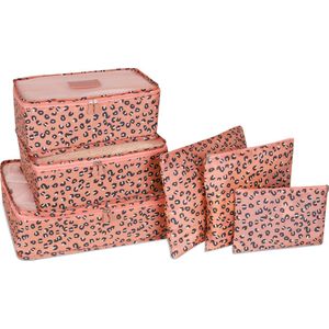 Qpacks - Packing Cubes Set 6-delig - Travel bag - Kleding organiser set - Opbergzakken - Inpak kubussen - Backpack cubes - Reizen - Pattern - Pink tijgerprint - Roze