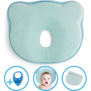 Baby IQ Orthopedisch baby hoofdkussen – Traagschuim – Tegen plat achterhoofd – Baby Kussen plat hoofd - Kraamcadeau – Blauw – Incl gratis Bandana Slabber