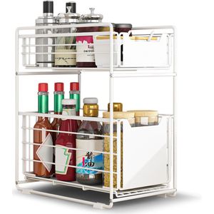 BROËL™ Gootsteenkast Organizer - Schuiflades - Keuken Organizers - Aanrecht Organiser – Kruidenrek - Gootsteen Organizer - Wit - Ladesysteem - Kast Organizer - Gootsteenkast Organizer - Keukenrek - Tweelaags – Metaal – Antislip