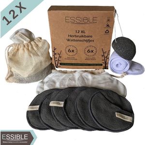 ESSIBLE Wasbare Wattenschijfjes – Herbruikbare Wattenschijfjes - 15-delig – Waszak – gratis E-BOOK – Scrub Spons & Haarband – Bamboe Watten