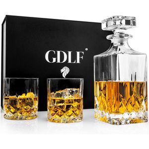 GDLF® Kristallen Whiskey Set Vintage in een Prachtige Geschenkdoos | Hoogwaardig Lood-Vrij Kristal | Gemaakt in Italie | Decanteer Karaf | Whiskey Karaf & 2 Whiskey Glazen | Kado Man | Cadeau Voor Man