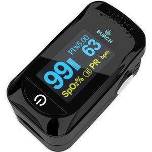 BURCH Med® - Pro Saturatiemeter zuurstofmeter vinger - Saturatiemeter best getest- Saturatiemeters - Oximeter Hartslagmeter- ZWART - CE/FAGG - NL EN FR - Koord + Batt + Tasje