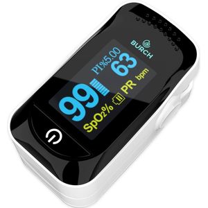 BURCH Med® - Pro Saturatiemeter zuurstofmeter vinger - Saturatiemeters met hartslagmeter & oximeter - Saturatiemeter best getest - CE/FAGG saturatiemeter medisch goedgekeurd - WIT- NL FR EN - Koord Tasje Batterijen