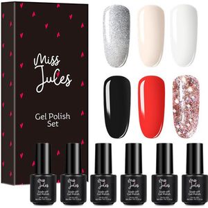 Miss Jules - 6-Delige Gellak Starterspakket - Nagellak - Kleur Rood, Wit, Creme & Glitter - HEMA & TPO Free - Glanzend & Dekkend resultaat