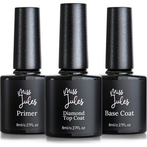 Miss Jules - Primer, Base Coat & Diamond Top Coat - HEMA & TPO Free - Gellak - BIAB - Polygel - Blijvend Glanzende Nagels