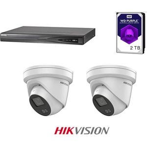 HIKVISION ColorVu Camera beveiliging set, 4K 4-channel recorder incl 1TB WD Purple, 2x ColorVu 4MP Dome's 2.8mm  + beugels en gratis 50meter netwerkkabel.