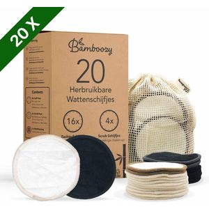 Bamboozy 20 Zwart + Wit Wasbare Wattenschijfjes 16x Dagelijks 4x Scrub Herbruikbare Wattenschijfjes Zero Waste Bamboe