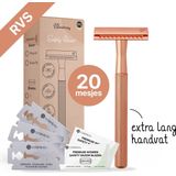 Bamboozy Safety Razor RVS + 20 Scheermesjes Rose Gold Goud voor Vrouwen Dames Zero Waste Duurzaam Scheermesje Veiligheidsscheermes