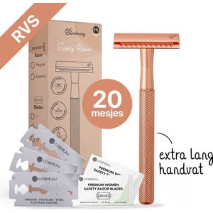 Bamboozy Safety Razor RVS + 20 Scheermesjes Rose Gold Goud voor Vrouwen Dames Zero Waste Duurzaam Scheermesje Veiligheidsscheermes