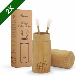 Bamboozy 2x Herbruikbare Wattenstaafjes Bamboe met Bamboehouder Wasbare Oorstaafjes Oorstokjes Zero Waste Plastic vrij