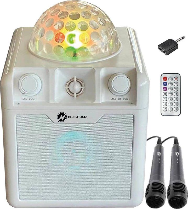 N-GEAR Disco Block 410 - Karaoke Set - Draadloze Bluetooth Party Speaker - 2 Microfoons - Verlichting - Wit