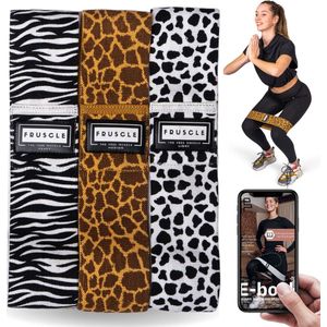 Fruscle® Weerstandsbanden set - Dierenprint - Benen en billen trainen - fitness elastiek - bootyband - met ebook en opbergtas