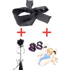 URlife® BDSM- Blinddoek Zwart- Inclusief Handboeien en Enkelboeien- Met Zweep, Kietelaar en Paddle- Bondage Set- Masker- Discreet verpakt- Seks Toys
