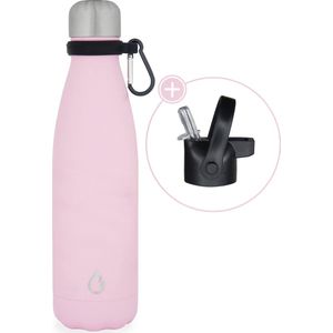 Wattamula Design eco RVS drinkfles - pastel roze - extra dop met rietje en carrier - 500 ml - waterfles - thermosfles - sport