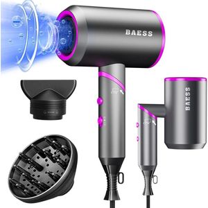 BAESS Föhn met diffuser - 5 Standen - Ionische Haardroger met Borstel - Coolshot - 2200W - Haarföhn - Krullen - Hair dryer - Zwart