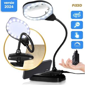 PiXXO® Loeplamp met LED Verlichting - Vergrootglas 2x en 4x - 12 Dioptrie - Stabiele Voet & Tafelklem - Dimbaar - 360° Flexibele Zwanenhals - Bureaulamp - Tafellamp - Werklamp - Diamond Painting - Borduren - Solderen - incl. USB-stekker