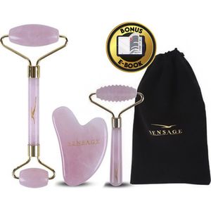 Sensage rozenkwarts roller met Gua Sha steen | Massage jade roller | 100% natuurlijk rose quartz | Gezichtsroller | Face roller | Roller | Gezichtsmassage | 4-delige Beauty set