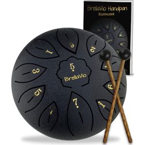 BrellaVio Handpan - Met Lesboek - Let op: afmeting 16cm ø - Zwart - Healing Steel Tongue Drum - Hand Klankschaal - Hang Drum - Lotus Tong Muziektherapie