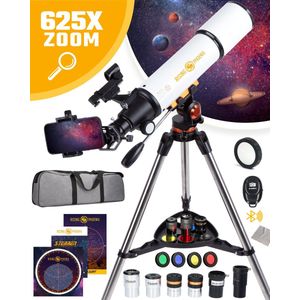 RP® Telescoop 625x Zoom Sterrenkijker incl 6 lenzen en Filterset Deluxe Set - Volwassenen / Gevorderden - Verstelbaar Statief - Afstandsbediening, Planisfeer, Leerboek en Smartphone Adapter + Poster - Wit