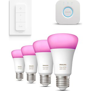 Philips Hue Starterspakket White and Color Ambiance E27 - 4 Hue LED Lampen, Bridge en Dimmer Switch - Eenvoudige Installatie - Werkt met Alexa en Google Home