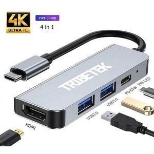 TribeTek 4-in-1 USB-C Hub - 2x USB 3.0 - 4K UHD HDMI - USB-C - Output - Dock voor Apple Macbook Pro / Air / iMac / Mac Mini / Google Chromebook / Windows / HP / ASUS / Lenovo