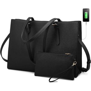 Lubellie® Dorina Elegante Tweedelige Dames Handtassen set met een laptop vak voor 15,6 inch Laptops - Laptoptas voor dames - Dames laptoptas - Met usb poort - Handtas - Schoudertas - Laptoptas - Clucht - Zwart