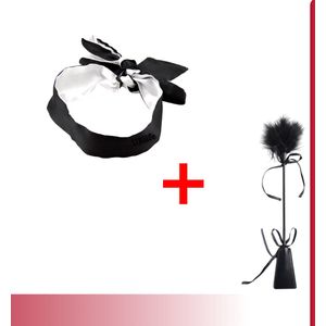 URlife® BDSM Zweep en Blinddoek- Discreet Verpakt- Met kietelaar en leren Paddle- BDSM en SM- Bondage Masker- Erotiek- Sex Toys- Volwassenen- Zwart/Wit