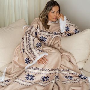 Fleece Deken met Mouwen - Hoodie Deken - Deken met Mouwen - Hoodie Blanket - Snuggle - Hoodie - Huggle Hoodie - Fleece Dekens - Plaid met Mouwen - TV Deken - Dames en Heren - Volwassenen - 180x130 cm - Snuggy - Beige - Print - Kerstcadeau