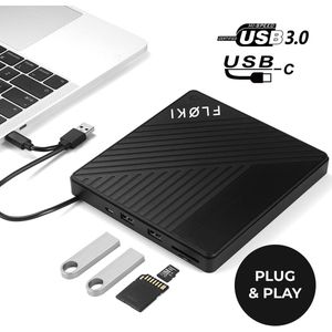 Floki 4-in-1 - Externe dvd speler & brander voor laptop - iOS en Windows - Met USB-hub - Plug & Play - Optical Drive - USB 3.0 en USB-C