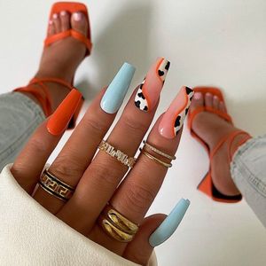 Press On Nails - Nep Nagels - Oranje Wit - Coffin - Manicure - Plak Nagels - Kunstnagels nailart – Zelfklevend - 3
