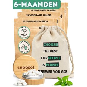 CHOOSE 6-Maandpakket - Tandpasta Tabletten met Bamboe Pot en Katoenen Zakje - 6 Maanden Voorraad - Refill Box - Duurzaam - Aanbevolen door Tandartsen - Zero Waste - Vegan - Fluoride - Ecologisch Verantwoord