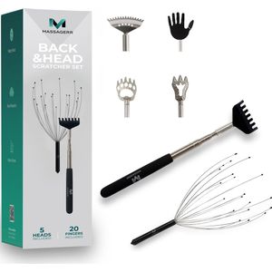 Massagerr - Hoofd & Rug Krabber Set - 5-in-1 - Uitschuifbare Handgreep - Roestvrijstaal