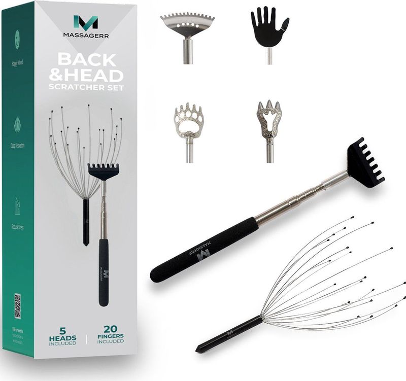 Massagerr - Hoofd & Rug Krabber Set - 5-in-1 - Uitschuifbare Handgreep - Roestvrijstaal