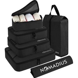 Nomadius® Packing Cubes Set - Premium Travel Organizer - Duurzame SBS Ritsen - Waterbestendig - Koffer Organizer Set - Incl. Schoenentas en Waszak - Reistas voor koffers en tassen - Zwart