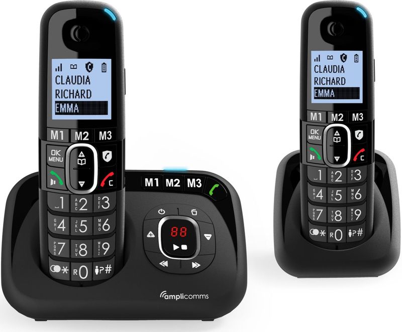 Amplicomms BigTel1582 Senioren draadloze duo huistelefoon voor de vaste lijn | Extra handset | Antwoordapparaat | Luide oproeptonen | Ongewenste bellers blokkeren | 3 directe geheugen toetsen | Handsfree | Grote toetsen | Gehoorapparaat compatibel