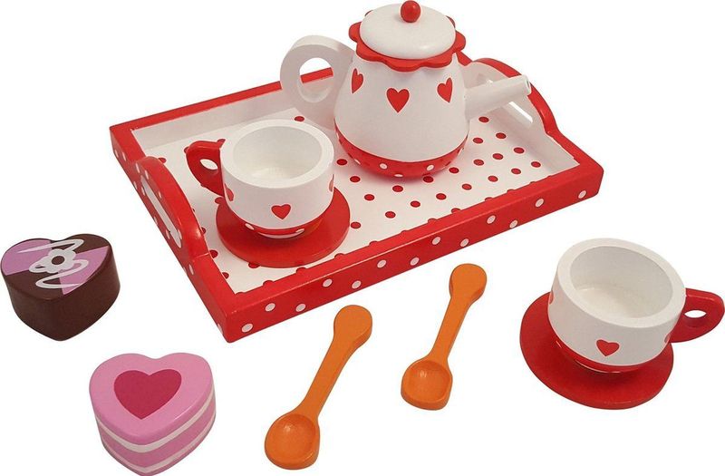 Playwood - Houten theeservies hartjes en stip op recht dienblad - Kinderservies - Speelservies