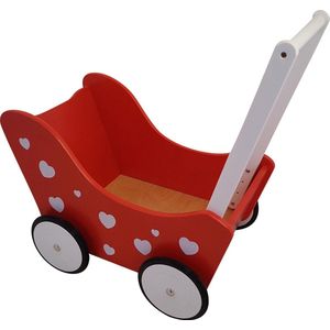 Playwood - Houten Poppenwagen - Rood - Met Witte Hartjes
