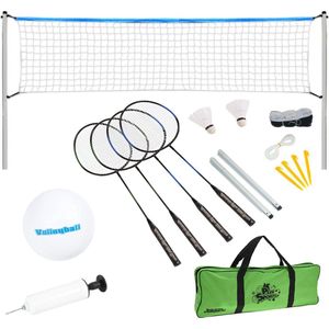 XQMax Volleybal- en Badmintonset - met Verstelbaar Net, 4 Rackets, 2 Shuttles, Bal en Ballenpomp - Draagtas - 600 x 168 cm