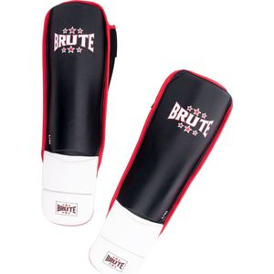 Brute Scheenbeschermers Kick Boksen S/M - Zwart & Wit - Geschikt voor Kickboks Trainingen & Wedstrijden - Harde EPE Padding & Polyester Binnenvoering - Incl. Voetbeschermers + Bevestigingselastiek