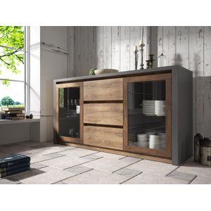 Meubella Dressoir Monaco - Eiken - Grijs - 140 cm - Met Glas