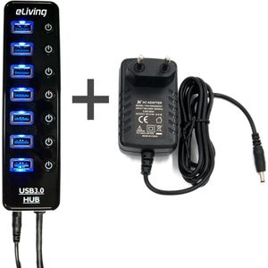USB Hub voor extra USB Poorten - USB 3.0 - 5Gbps - externe voeding - 15W voedingsadapter - Aan/uit knoppen - Verlichting - 7 Poorten
