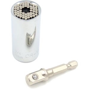 Universele dopsleutel ""Gator Grip"", inclusief adapter, voor op je boormachine of ratelsleutel. Zilver
