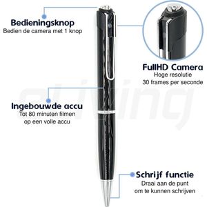 Spy Pen. Pen met verborgen spionage camera. FullHD, tot 512GB geheugen d.m.v. MicroSD