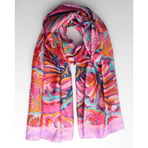 Onesto scarf- Accessories Junkie Amsterdam- Sjaal dames- Lang- Katoen satijn- Cosy chic- Bladeren- Roze