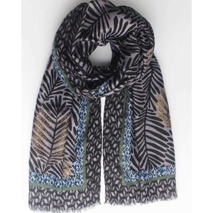 Fiona scarf- Accessories Junkie Amsterdam- Dames sjaal- Katoen- bladprint- Zwart met gouden glitters