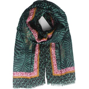 Fiona scarf- Accessories Junkie Amsterdam- Dames sjaal- Katoen- Bladprint- Cosy chic- Groen met gouden glitters