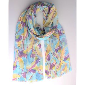Lareana scarf- Accessories Junkie Amsterdam- Sjaal dames- Rechthoek- Omslagdoek- lente zomer- Bloem print- Geel paars blauw -